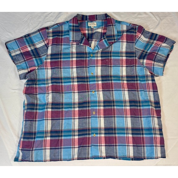Lucky Brand Other - Lucky Brand Mens 3XL Linen Blend Plaid Short Sleeve Button Down Shirt Blue Pink